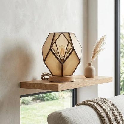 Lampada da tavolo geometrica in vetro ambrato con base in legno