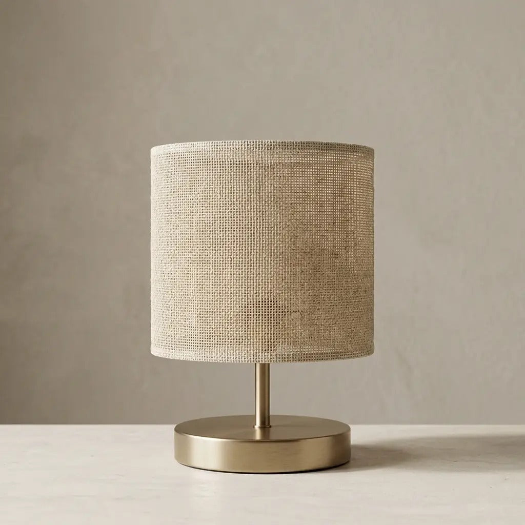 Lampada da tavolo in tessuto naturale con base in ottone